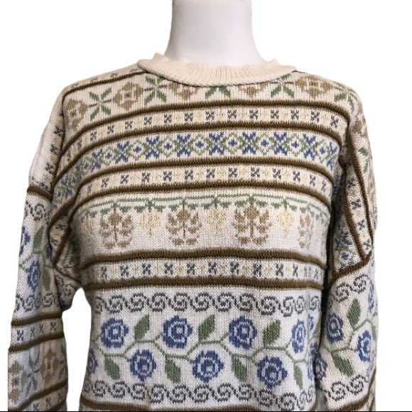 Vtg Eddie Bauer Fair Isle Cottagecore Sweater L (labeled Petite) - Picture 3 of 9